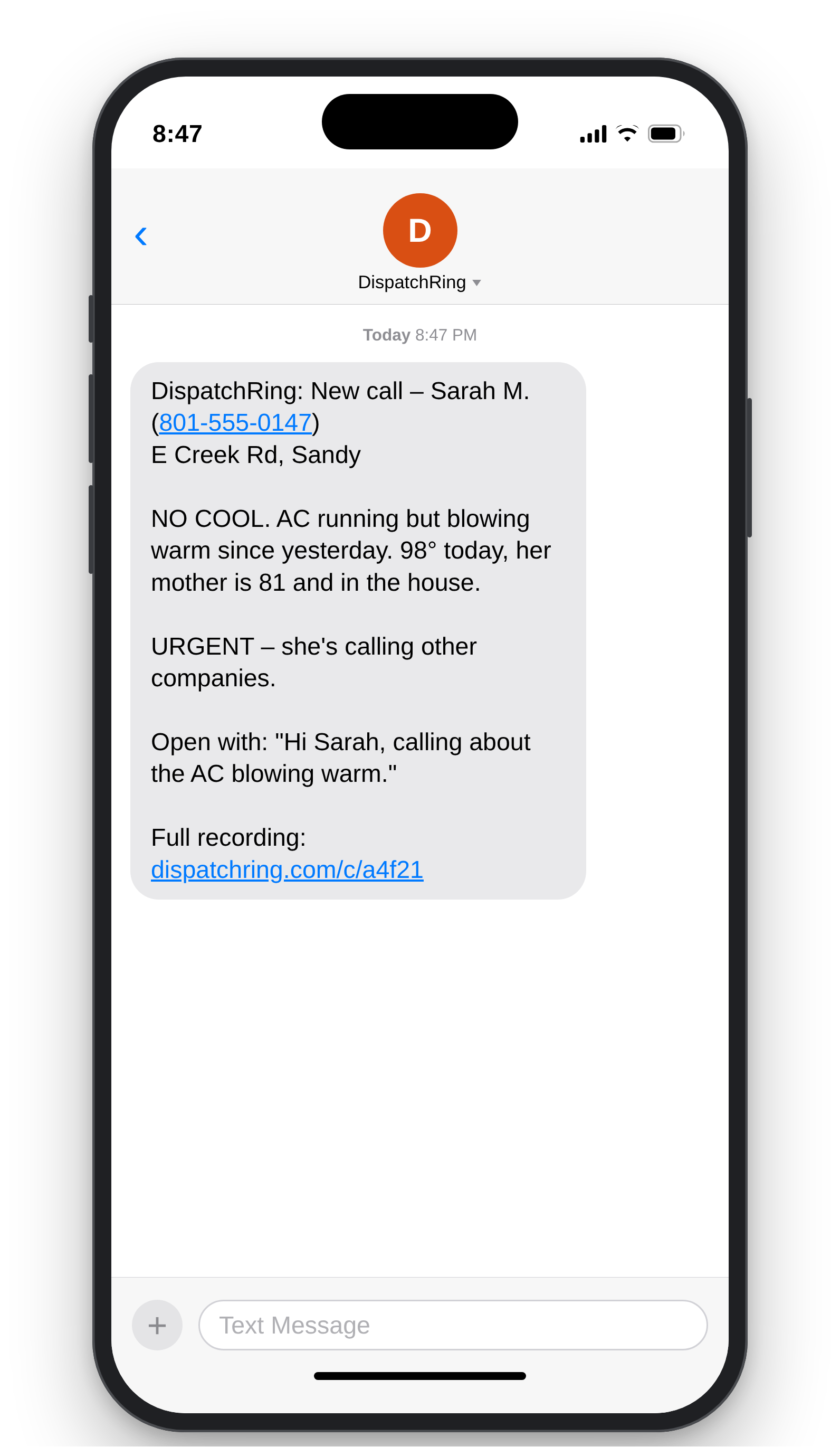 Phone screen showing a DispatchRing SMS: new call from Sarah M., no cool, AC running but blowing warm, urgent